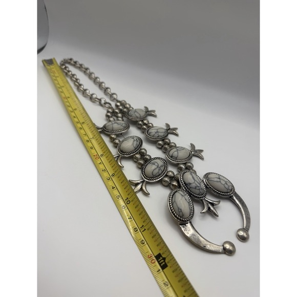 Southwestern Squash Blossom Naja Necklace White Faux Turquoise Silver Tone 22in - Picture 7 of 13